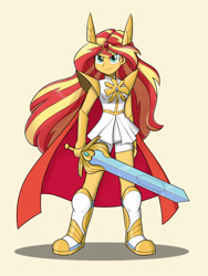 Size: 1200x1600 | Tagged: safe, artist:mew-me, imported from derpibooru, sunset shimmer, equestria girls, boots, clothes, cosplay, costume, female, gloves, motorcross, she-ra, she-ra and the princesses of power, shoes, solo, sword, weapon
