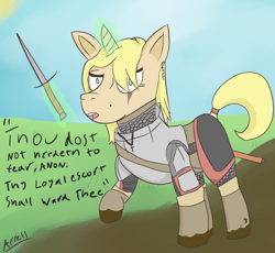 Size: 2656x2446 | Tagged: safe, artist:arrell, imported from derpibooru, oc, oc only, oc:stalwart crusader, pony, unicorn, blonde, cross, elizabethan, fantasy class, female, glowing horn, horn, knight, looking at you, mud, scar, solo, sword, warrior, weapon