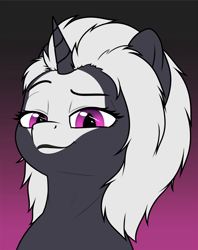 Size: 1406x1772 | Tagged: safe, artist:zippysqrl, imported from derpibooru, oc, oc only, oc:s.leech, pony, unicorn, bald face, blaze (coat marking), bust, coat markings, facial markings, female, gradient background, lidded eyes, lipstick, looking at you, raised eyebrow, slit eyes, slit pupils, smiling, smirk, solo