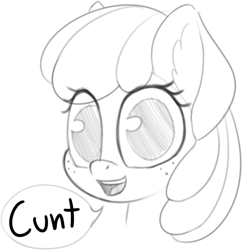 Size: 680x703 | Tagged: safe, artist:zippysqrl, imported from derpibooru, apple bloom, pony, bust, cunt, dialogue, female, filly, freckles, grayscale, looking at you, monochrome, sketch, solo, speech bubble, vulgar