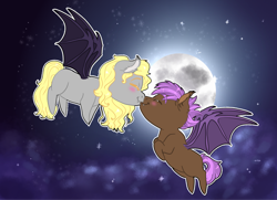 Size: 1280x927 | Tagged: safe, artist:miyathegoldenflower, imported from derpibooru, oc, oc:maple leaf, oc:prowl, bat pony, fanfic:ponyville noire, bat pony oc, blushing, chibi, cloud, female, flying, full moon, husband and wife, kissing, male, moon, oc x oc, shipping