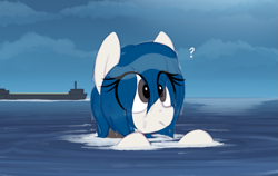 Size: 1079x680 | Tagged: safe, artist:shinodage, imported from derpibooru, oc, oc only, oc:merlin, original species, pony, rocket pony, autonomous spaceport drone ship, eye clipping through hair, female, mare, ocean, ponified, question mark, solo, spacex, wet