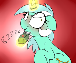 Size: 1200x1000 | Tagged: safe, artist:datte-before-dawn, artist:dattebayo681, imported from derpibooru, lyra heartstrings, pony, unicorn, blushing, electric razor, embarrassed, female, mare, razor, red background, shaver, shaving, simple background, solo, sweat, wide eyes