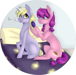 Size: 914x898 | Tagged: safe, artist:sychia, imported from derpibooru, dinky hooves, lily longsocks, earth pony, pony, unicorn, adorasocks, bed, circle, comb, cute, dinkabetes, dinkily, duo, female, lesbian, lilydorable, mare, older, pillow, raised hoof, shipping, simple background, sitting, transparent background