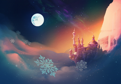 Size: 1768x1227 | Tagged: safe, artist:lummh, imported from derpibooru, canterlot, canterlot castle, cloud, mare in the moon, moon, night, no pony, scenery, scenery porn, sky, snow, snowflake, starry night, stars, wallpaper