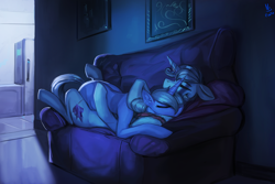 Size: 2250x1500 | Tagged: safe, artist:nsilverdraws, imported from derpibooru, oc, oc:white blade, oc:yiazmat, pony, unicorn, couch, cuddling, female, male, mare, scar, shipping, sleeping, stallion, straight