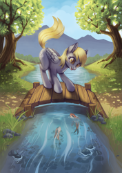 Size: 2471x3500 | Tagged: safe, artist:taytinabelle, imported from derpibooru, derpy hooves, fish, koi, pegasus, pony, bridge, cute, derpabetes, digital art, ear fluff, female, fluffy, grass, happy, looking down, mare, nature, open mouth, river, smiling, solo, tree