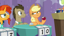 Size: 1920x1080 | Tagged: safe, imported from derpibooru, screencap, applejack, doctor whooves, granny smith, sunburst, time turner, a trivial pursuit, >:), apple, bell, eating, food, herbivore, smug