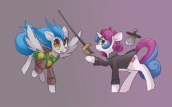 Size: 1280x800 | Tagged: safe, artist:starlightspark, imported from derpibooru, oc, oc:blue bolt, oc:sweet symphony, pony, clothes, coat, crisis equestria, duo, rapier, scarf, sword, weapon