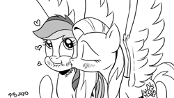Size: 1200x675 | Tagged: safe, artist:pony-berserker, imported from derpibooru, fluttershy, rainbow dash, pegasus, pony, black and white, female, flutterdash, grayscale, halftone, heart, i can't believe it's not idw, kissing, lesbian, lip bite, mare, monochrome, pony-berserker's twitter sketches, shipping, signature, simple background, spread wings, stippling, white background, wings