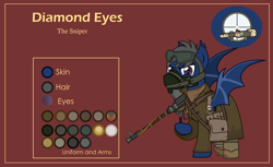 Size: 3000x1832 | Tagged: safe, artist:n0kkun, imported from derpibooru, oc, oc only, oc:diamond eyes (ice1517), bat pony, pony, anti-tank rifle, army, bag, bat pony oc, belt, boots, boys anti tank rifle, clothes, goggles, gun, male, mask, military, pants, pouch, raised hoof, red background, reference sheet, rifle, saddle bag, shirt, shoes, simple background, solo, stallion, trenchcoat, weapon, world war ii