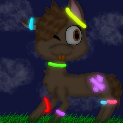 Size: 1000x1000 | Tagged: safe, artist:ravepony134, imported from derpibooru, oc, oc only, oc:lilly flower, pony, :3, chest fluff, cloud, cute, glow, glowing, grass, night, one eye closed, rave, solo, spring break, tongue out, wink