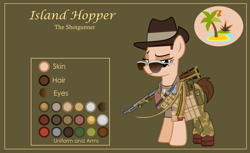 Size: 3000x1832 | Tagged: safe, artist:n0kkun, imported from derpibooru, oc, oc only, oc:island hopper, earth pony, pony, bandolier, bedroom eyes, belt, boots, bullet, camouflage, clothes, dog tags, female, green background, gun, hat, knife, mare, military, pants, pouch, reference sheet, scarf, shirt, shoes, shotgun, simple background, slouch hat, solo, sunglasses, t-shirt, weapon, world war ii