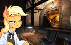 Size: 1556x982 | Tagged: safe, artist:anontheanon, edit, imported from derpibooru, applejack, earth pony, human, pony, applejack's plantation, basement, bunker, computer, energy drink, lamp, laptop computer, s.t.a.l.k.e.r., sidorovich, table, video game