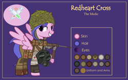 Size: 3001x1881 | Tagged: safe, artist:n0kkun, imported from derpibooru, oc, oc only, oc:redheart cross, pegasus, pony, armor, bandage, bedroom eyes, boots, clothes, combat armor, combat medic, female, gas mask, gloves, gun, helmet, m3 grease gun, mare, mask, military, pants, pouch, purple background, red cross, reference sheet, shirt, shoes, simple background, solo, submachinegun, weapon, world war ii