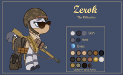 Size: 3000x1832 | Tagged: safe, artist:n0kkun, imported from derpibooru, oc, oc only, oc:zerok, pony, zebra, bandana, bandolier, belt, blue background, boots, bullet, clothes, flashlight (object), gun, helmet, m1 garand, male, military, pants, pouch, reference sheet, rifle, shirt, shoes, simple background, solo, sunglasses, vest, weapon, world war ii, zebra oc