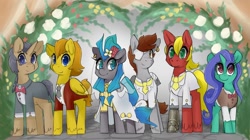 Size: 1280x718 | Tagged: safe, artist:starlightspark, imported from derpibooru, oc, oc:blackburn, oc:briarthorn, oc:flathoof, oc:lockwood, oc:pewter, oc:tick tock, clothes, crisis equestria, dress, lockburn, marriage, wedding, wedding dress