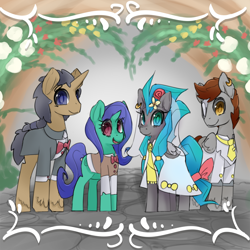 Size: 1000x1000 | Tagged: safe, artist:starlightspark, imported from derpibooru, oc, oc:blackburn, oc:lockwood, oc:pewter, oc:tick tock, crisis equestria, lockburn, marriage, wedding