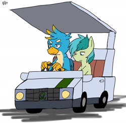 Size: 2048x2010 | Tagged: safe, alternate version, artist:omegapony16, imported from derpibooru, gallus, sandbar, earth pony, griffon, pony, colored, driving, duo, frown, golf cart, japanese, male, simple background, sitting, stallion, unamused, white background