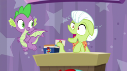 Size: 1920x1080 | Tagged: safe, imported from derpibooru, screencap, granny smith, spike, dragon, a trivial pursuit, winged spike, wings