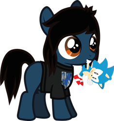 Size: 572x610 | Tagged: safe, artist:lightningbolt, derpibooru exclusive, imported from derpibooru, earth pony, pony, .svg available, blank flank, bring me the horizon, clothes, colt, foal, hair over one eye, happy, male, mouth hold, oliver sykes, plushie, ponified, shirt, show accurate, simple background, solo, sonic the hedgehog, sonic the hedgehog (series), standing, svg, t-shirt, transparent background, vector, younger