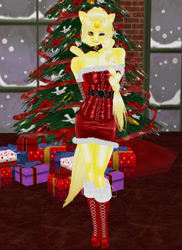 Size: 744x1024 | Tagged: safe, artist:toni-technaclaw, imported from derpibooru, oc, oc only, oc:dream searcher, anthro, unguligrade anthro, unicorn, arm behind back, boots, christmas, christmas tree, clothes, collar, corset, female, holiday, horn, latex corset, one eye closed, present, shoes, snow, solo, tree, unicorn oc, wink