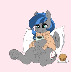 Size: 1016x1024 | Tagged: safe, artist:littlebibbo, imported from derpibooru, oc, oc only, oc:bibbo, pegasus, pony, clothes, coffee, female, food, freckles, frog (hoof), holding, lidded eyes, looking down, mare, muffin, mug, pillow, sitting, smiling, solo, sweater, underhoof