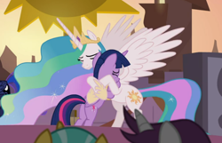 Size: 998x643 | Tagged: safe, imported from derpibooru, screencap, princess celestia, twilight sparkle, alicorn, the summer sun setback, cropped, duo, female, hug, momlestia, spread wings, twilight sparkle (alicorn), wings