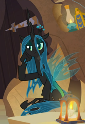 Size: 462x673 | Tagged: safe, imported from derpibooru, screencap, queen chrysalis, pony, the summer sun setback, bored, cheek squish, cropped, female, sitting, solo, squishy cheeks