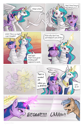 Size: 1200x1776 | Tagged: safe, artist:vyazinrei, imported from derpibooru, princess celestia, twilight sparkle, oc, alicorn, comic:curse and madness, bandage, mlpcam, mummification, twilight sparkle (alicorn)