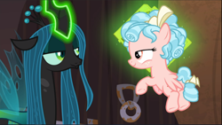 Size: 1668x942 | Tagged: safe, imported from derpibooru, screencap, cozy glow, queen chrysalis, the summer sun setback, cropped, duo, female, glowing horn, horn, lidded eyes, looking at each other, smug