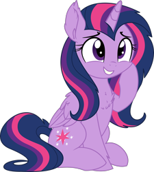 Size: 3152x3500 | Tagged: safe, artist:cyanlightning, artist:slb94, imported from derpibooru, twilight sparkle, alicorn, pony, alternate hairstyle, chest fluff, cute, female, mare, raised hoof, simple background, sitting, smiling, solo, transparent background, twiabetes, twilight sparkle (alicorn), vector