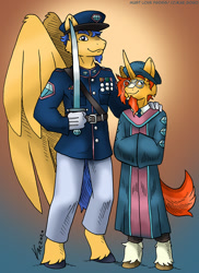 Size: 873x1200 | Tagged: safe, artist:kaemantis, imported from derpibooru, flash sentry, sunburst, anthro, pegasus, pony, unguligrade anthro, unicorn, clothes, flashburst, gay, male, shipping, sword, weapon