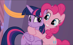 Size: 1530x942 | Tagged: safe, imported from derpibooru, screencap, pinkie pie, twilight sparkle, alicorn, earth pony, pony, the summer sun setback, cheek squish, cute, diapinkes, female, hug, looking at each other, mare, smiling, squishy cheeks, twiabetes, twilight sparkle (alicorn)