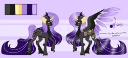 Size: 1280x576 | Tagged: safe, artist:irennecalder, imported from derpibooru, oc, original species, alpharian, deviantart watermark, female, multiple horns, obtrusive watermark, reference sheet, solo, three horns, two toned wings, watermark, wings