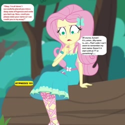 Size: 626x624 | Tagged: safe, edit, edited screencap, editor:thomasfan45, imported from derpibooru, screencap, fluttershy, human, equestria girls, equestria girls series, text support, 1000 hours in ms paint, barrette, book, clothes, cropped, cute, description is relevant, dress, female, geode of fauna, hypnosis, hypnotized, implied hypnosis, implied sunset shimmer, legs, log, magical geodes, memory loss, offscreen character, outdoors, shyabetes, sitting, solo, speech bubble, story included, text support: fluttershy, textbook, thinking, tree