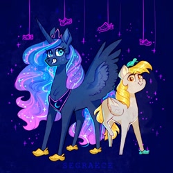 Size: 1280x1280 | Tagged: safe, artist:segraece, imported from derpibooru, derpy hooves, princess luna, alicorn, pegasus, pony, clothes, crocs, horn, jewelry, regalia, shoes, smiling, sparkles, spread wings, wings