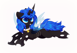 Size: 2408x1660 | Tagged: safe, artist:mirtash, imported from derpibooru, oc, oc only, oc:blue visions, changeling, bell, bell collar, blue changeling, changeling oc, collar, fangs, simple background, solo, white background