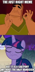 Size: 500x1030 | Tagged: safe, edit, edited screencap, imported from derpibooru, screencap, twilight sparkle, alicorn, human, pony, the summer sun setback, caption, comparison, disney, image macro, meme, ok hand emoji, pacha, text, the emperor's new groove, twilight sparkle (alicorn), when x just right, 👌