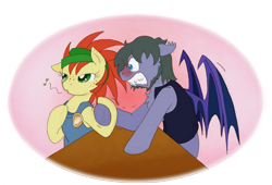 Size: 952x646 | Tagged: safe, artist:ravenpuff, imported from derpibooru, oc, oc only, bat pony, earth pony, pony, roan rpg, angry, arm wrestling, bat pony oc, beard, clothes, duo, earth pony oc, facial hair, female, gritted teeth, male, mare, music notes, overalls, simple background, stallion, transparent background, whistling