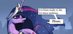 Size: 677x313 | Tagged: safe, artist:colochenni, imported from derpibooru, twilight sparkle, alicorn, pony, the last problem, /mlp/, don't believe her lies, drawthread, immortality blues, jewelry, princess twilight 2.0, reaction image, regalia, simple background, speech bubble, steve lichman, text, tired, twilight sparkle (alicorn)