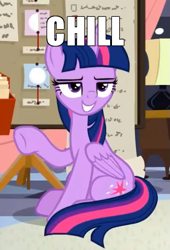 Size: 375x550 | Tagged: safe, edit, edited screencap, imported from derpibooru, screencap, twilight sparkle, alicorn, pony, the summer sun setback, caption, chill, cropped, female, image macro, mare, meme, raised hoof, sitting, smug, smuglight sparkle, solo, text, twilight sparkle (alicorn)