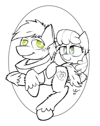 Size: 1704x2152 | Tagged: safe, artist:lucas_gaxiola, imported from derpibooru, big macintosh, cheerilee, earth pony, pony, duo, female, freckles, horse collar, lineart, male, mare, partial color, prone, signature, smiling, stallion, unshorn fetlocks, yoke