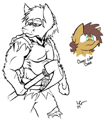 Size: 1480x1728 | Tagged: safe, artist:lucas_gaxiola, imported from derpibooru, oc, oc only, oc:charmed clover, anthro, earth pony, abs, axe, bust, clothes, duo, earth pony oc, lineart, male, muscles, pants, partial nudity, signature, simple background, topless, torn clothes, weapon, white background
