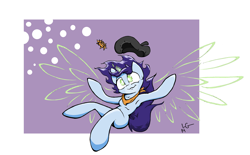 Size: 3688x2280 | Tagged: safe, artist:lucas_gaxiola, imported from derpibooru, oc, oc only, pony, unicorn, armpits, artificial wings, augmented, falling, female, flower, glowing horn, hat, horn, magic, magic wings, mare, neckerchief, signature, simple background, solo, unicorn oc, white background, wings