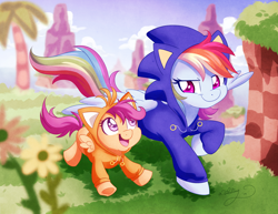 Size: 3300x2550 | Tagged: safe, artist:abbystarling, imported from derpibooru, rainbow dash, scootaloo, pegasus, pony, clothes, cosplay, costume, crossover, cute, cutealoo, dashabetes, duo, female, filly, green hill zone, hoodie, kigurumi, mare, miles "tails" prower, open mouth, scootalove, smiling, sonic dash, sonic the hedgehog, sonic the hedgehog (series)