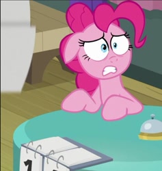 Size: 585x617 | Tagged: safe, imported from derpibooru, screencap, pinkie pie, earth pony, pony, a trivial pursuit, bell, cropped, female, floppy ears, shocked expression, solo