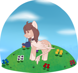 Size: 1280x1198 | Tagged: safe, artist:okimichan, imported from derpibooru, oc, oc only, oc:mun, pegasus, pony, chibi, female, flower, mare, mouth hold, solo, watering can