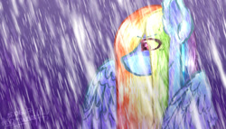 Size: 1280x732 | Tagged: safe, artist:a-vomikaa, imported from derpibooru, rainbow dash, pegasus, pony, female, mare, rain, sad, solo, spread wings, wings