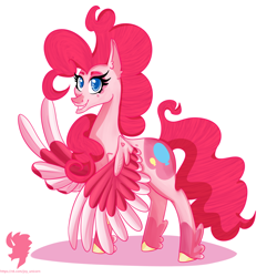 Size: 1300x1300 | Tagged: safe, artist:joy17fan, imported from derpibooru, pinkie pie, pegasus, pony, leak, spoiler:g5, coat markings, female, g5, g5 concept leak style, g5 concept leaks, hooves, mare, pegasus pinkie pie, pinkie pie (g5 concept leak), pinkie pie (g5), race swap, simple background, smiling, solo, white background, wings